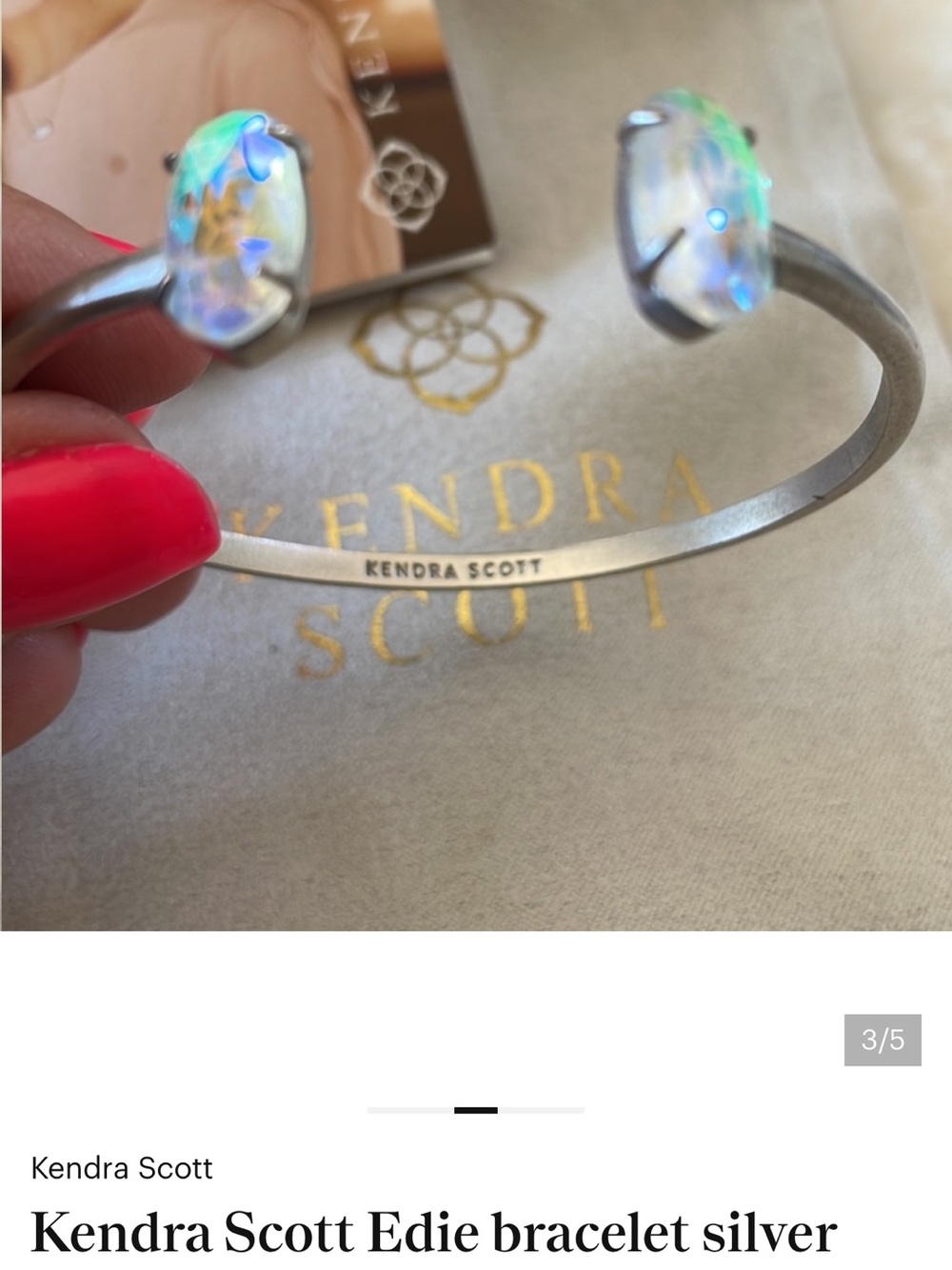 Kendra Scott Silver Open Cuff Bracelet with Iridescent Green-Blue Stones - Picture 2 of 4
